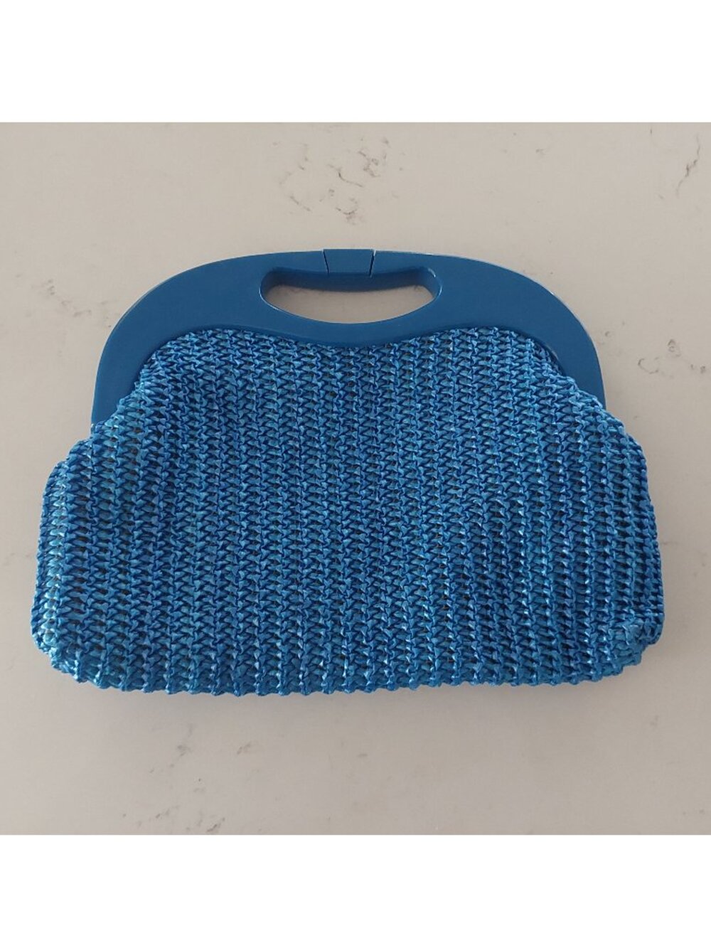 Vintage 1970s Royal Blue Raffia Clutch Bag Purse w Plastic Top Handle Hong Kong